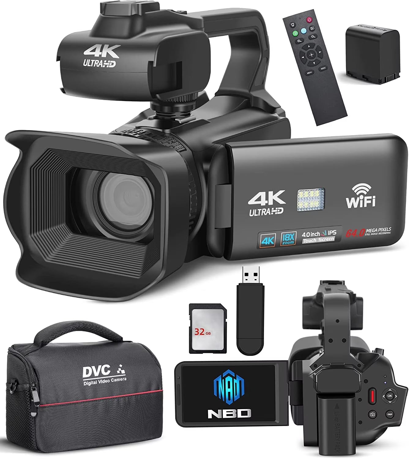 Video Camera, 4K Camcorder 64MP Digital Camera with Manual Focus, 4.0" Touch Screen 18X Digital Zoom Vlogging Camera for Youtube, with Wifi, Remote Control, 32GB SD Card and Batteries