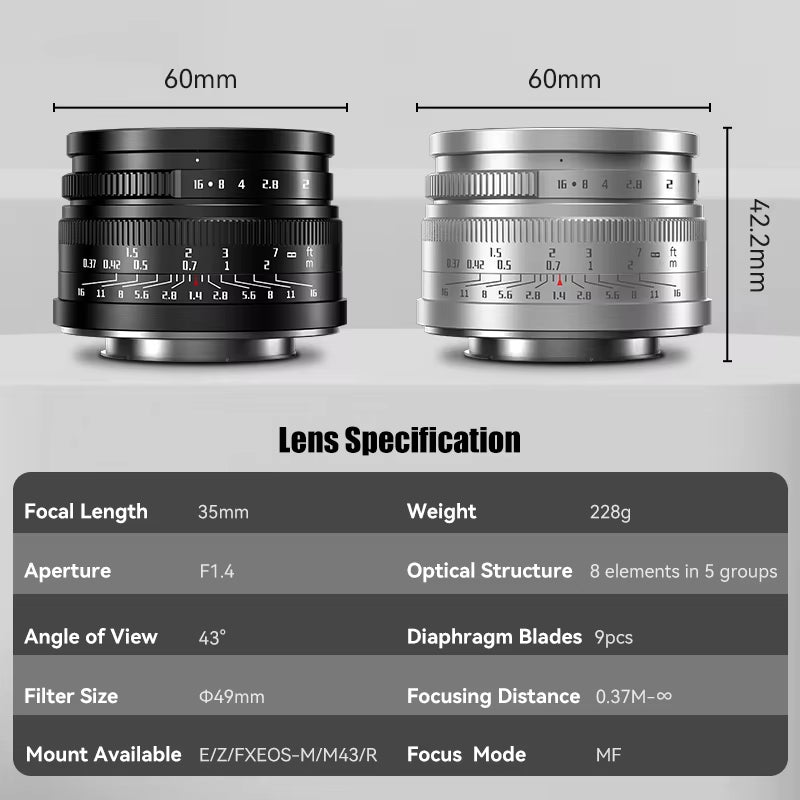 35Mm F1.4 Mark II APS-C Prime Lens for Sony E ZVE10 A6000 FX30 Fujifilm FX X-H2 Micro 4/3 Epm1 Nikon ZFC Canon RF RP