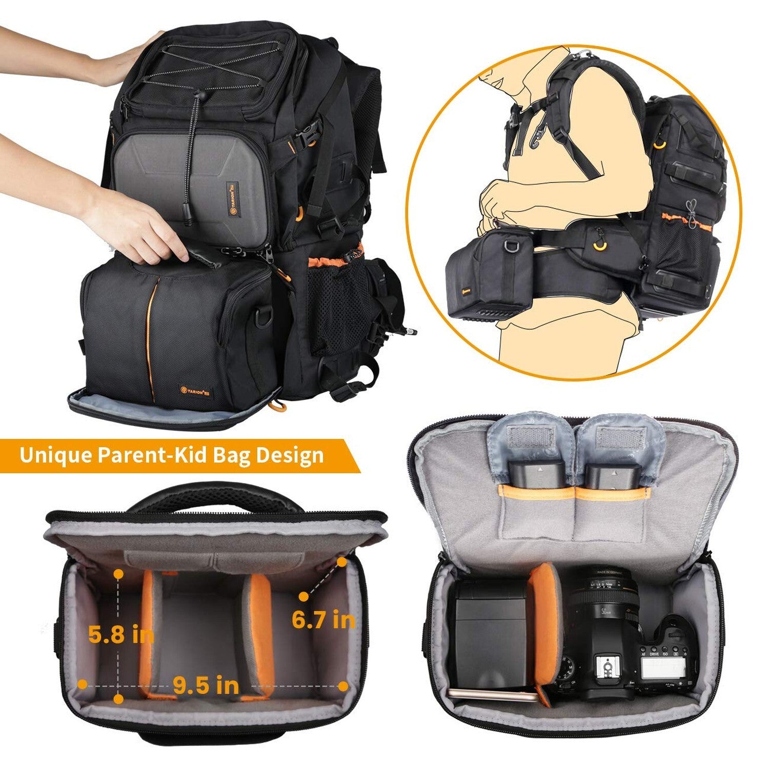TARION Pro 2 Bags in 1 Camera Backpack Large with 15.6" Laptop Compartment Wa...