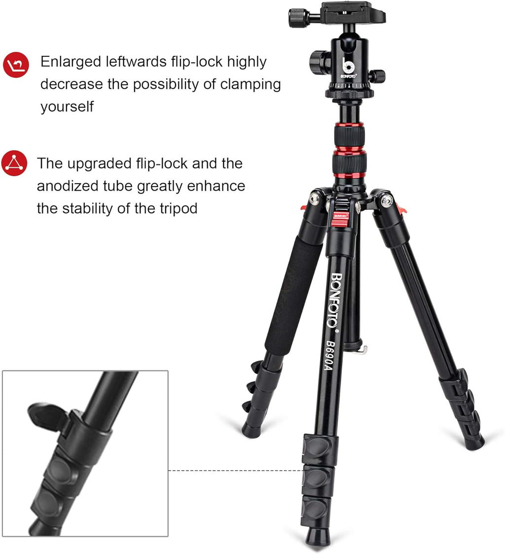 B690A Camera Tripod for Travel,Lightweight Aluminum Portable DSLR Tripod with 360 Degree Ball Head and Carry Bag, Camera Stand for Ring Light & Canon Nikon Sony DSLR
