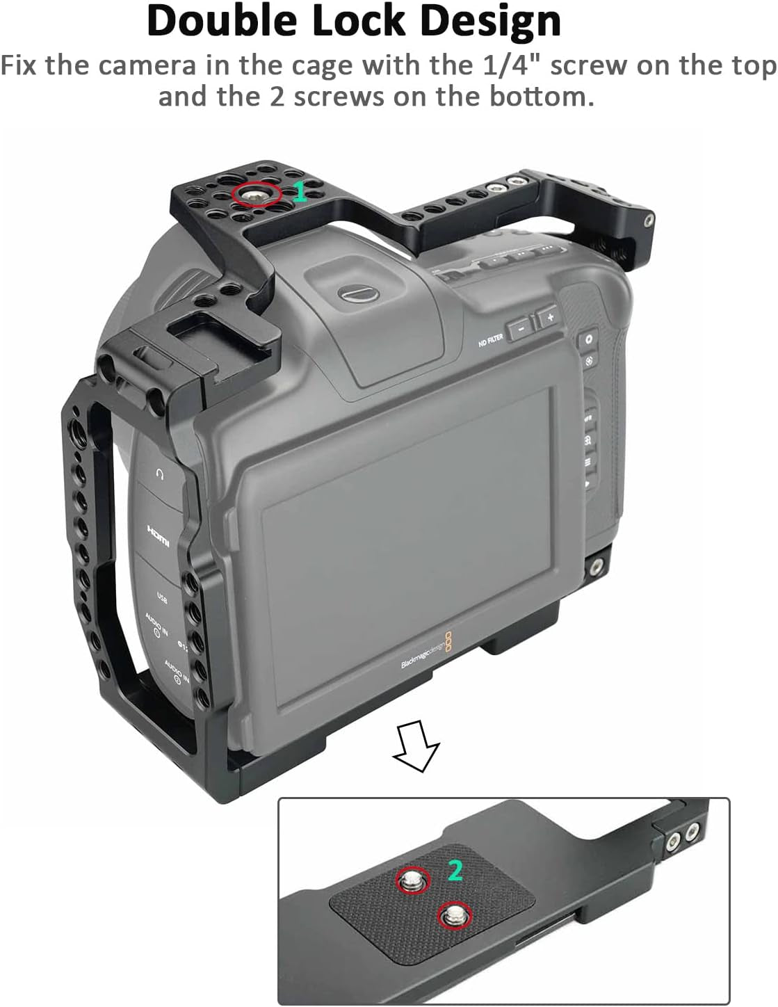 Full Cage Kit for Blackmagic Pocket Cinema Camera 6K Pro, with Cheese Top Handle, SSD Mount Clamp Holder, Cold Shoe Mount, Camera Cage Rig Compatible with BMPCC 6K Pro